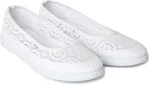 Women’s White Temple Shoes – Comfortable Slip-On Flats with Crochet Lace – Lightweight, Non-Slip Temple Footwear