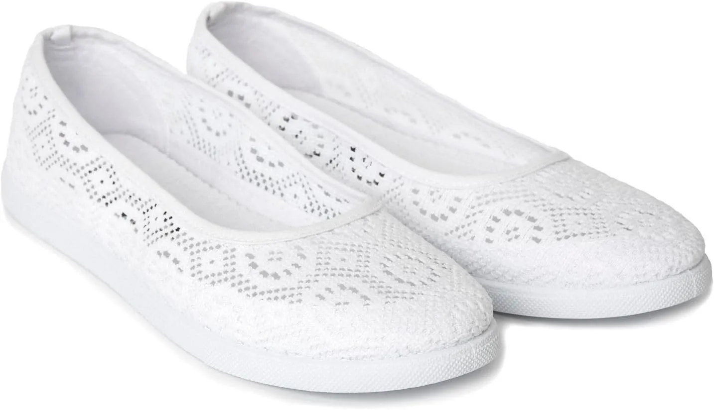 Women’s White Temple Shoes – Comfortable Slip-On Flats with Crochet Lace – Lightweight, Non-Slip Temple Footwear