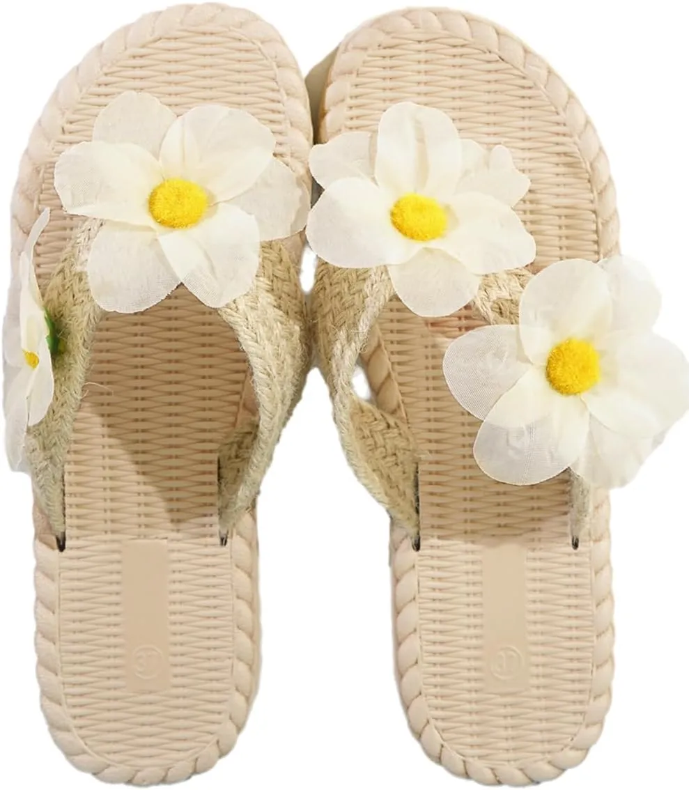 Women's Woven Flat Sandals Embellished with Daisy Flowers - Summer Lightweight Dressy Shoes Perfect for Casual and Vacation Wear
