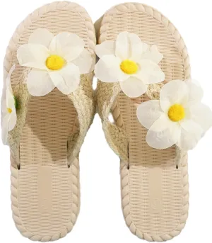 Women's Woven Flat Sandals Embellished with Daisy Flowers - Summer Lightweight Dressy Shoes Perfect for Casual and Vacation Wear