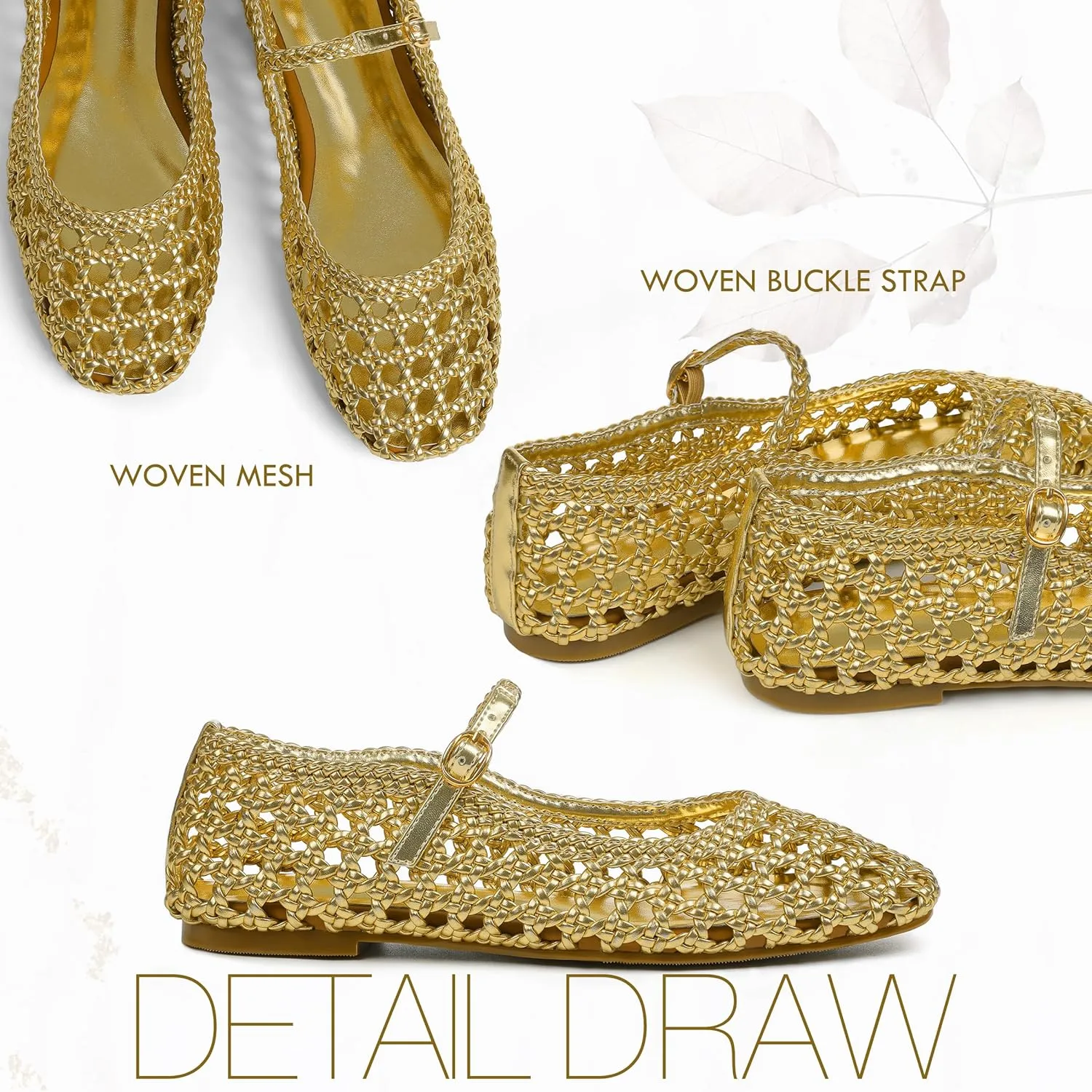 Woven Mesh Ballet Flats for Women Square Toe Mary Jane Flats Buckle Strap Flat Shoes Comfortable Ballerina Flats Dressy Mesh Shoes Casual Mary Janes for Women
