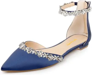 XYD Women Classic Pointed Toe D'Orsay Wedding Flat Sandals Sparkly Rhinestones Ankle Strap Low Heel Dress Shoes with Zipper