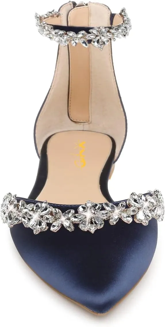 XYD Women Classic Pointed Toe D'Orsay Wedding Flat Sandals Sparkly Rhinestones Ankle Strap Low Heel Dress Shoes with Zipper