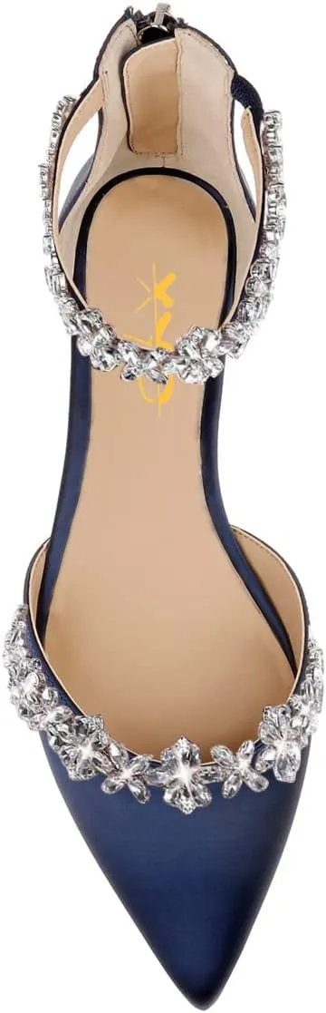 XYD Women Classic Pointed Toe D'Orsay Wedding Flat Sandals Sparkly Rhinestones Ankle Strap Low Heel Dress Shoes with Zipper