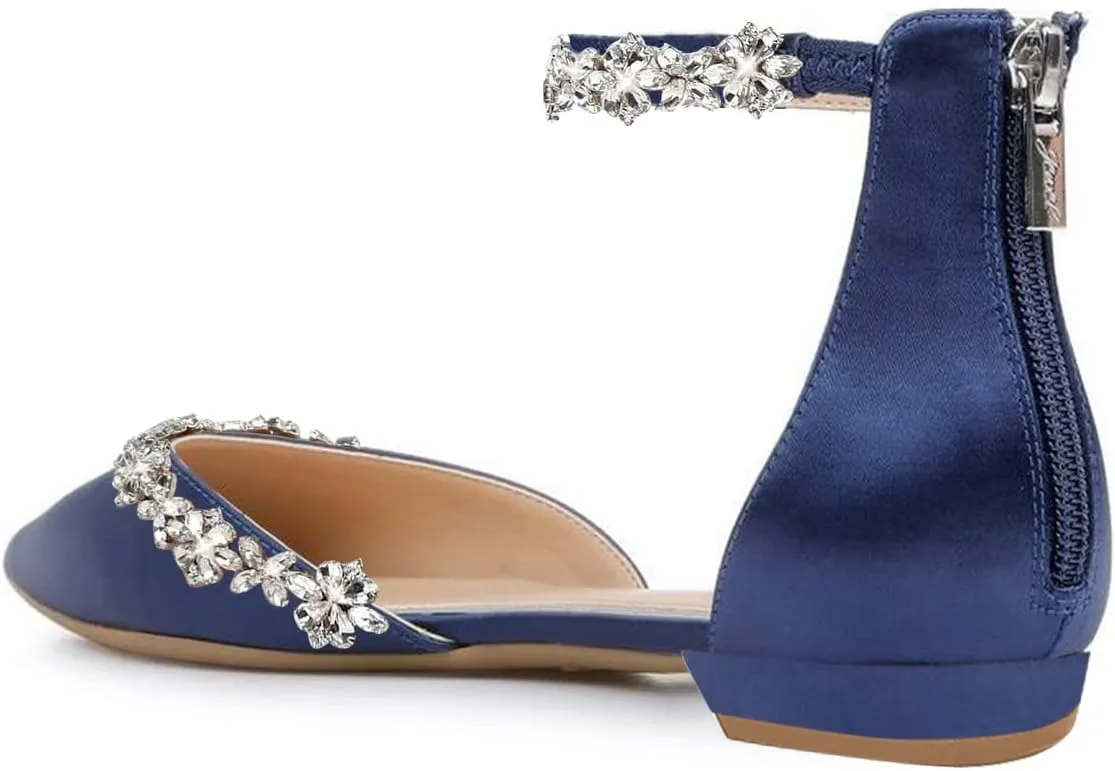 XYD Women Classic Pointed Toe D'Orsay Wedding Flat Sandals Sparkly Rhinestones Ankle Strap Low Heel Dress Shoes with Zipper
