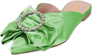 XYD Women Rhinestone Buckle Bowknot Closed Pointed Toe Mule Flats Easy Slip On Low Heel Sandals Satin Dress Evening Casual Shoes