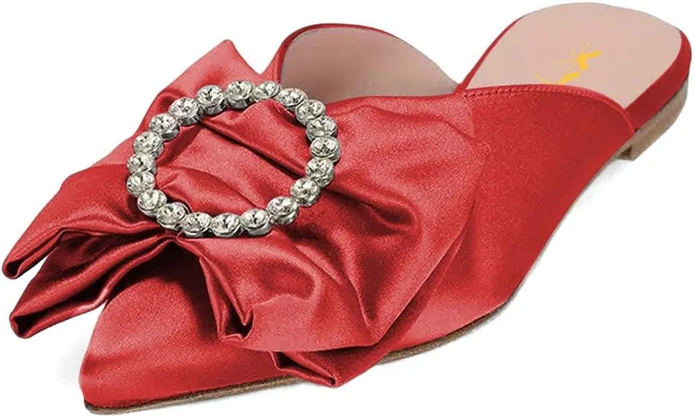 XYD Women Rhinestone Buckle Bowknot Closed Pointed Toe Mule Flats Easy Slip On Low Heel Sandals Satin Dress Evening Casual Shoes