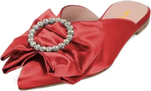 XYD Women Rhinestone Buckle Bowknot Closed Pointed Toe Mule Flats Easy Slip On Low Heel Sandals Satin Dress Evening Casual Shoes