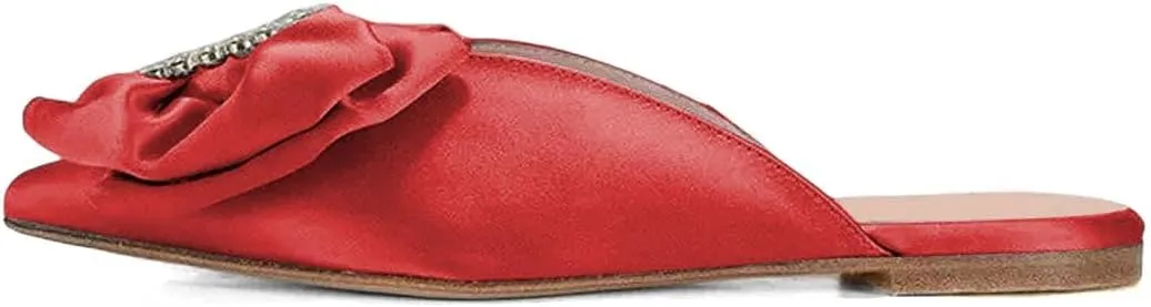 XYD Women Rhinestone Buckle Bowknot Closed Pointed Toe Mule Flats Easy Slip On Low Heel Sandals Satin Dress Evening Casual Shoes