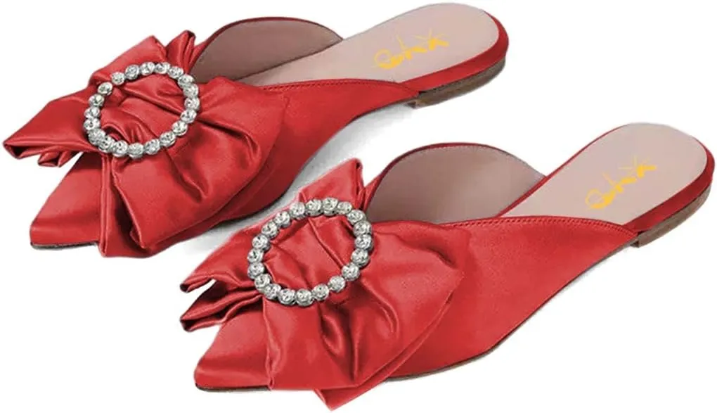 XYD Women Rhinestone Buckle Bowknot Closed Pointed Toe Mule Flats Easy Slip On Low Heel Sandals Satin Dress Evening Casual Shoes