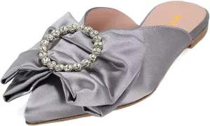 XYD Women Rhinestone Buckle Bowknot Closed Pointed Toe Mule Flats Easy Slip On Low Heel Sandals Satin Dress Evening Casual Shoes