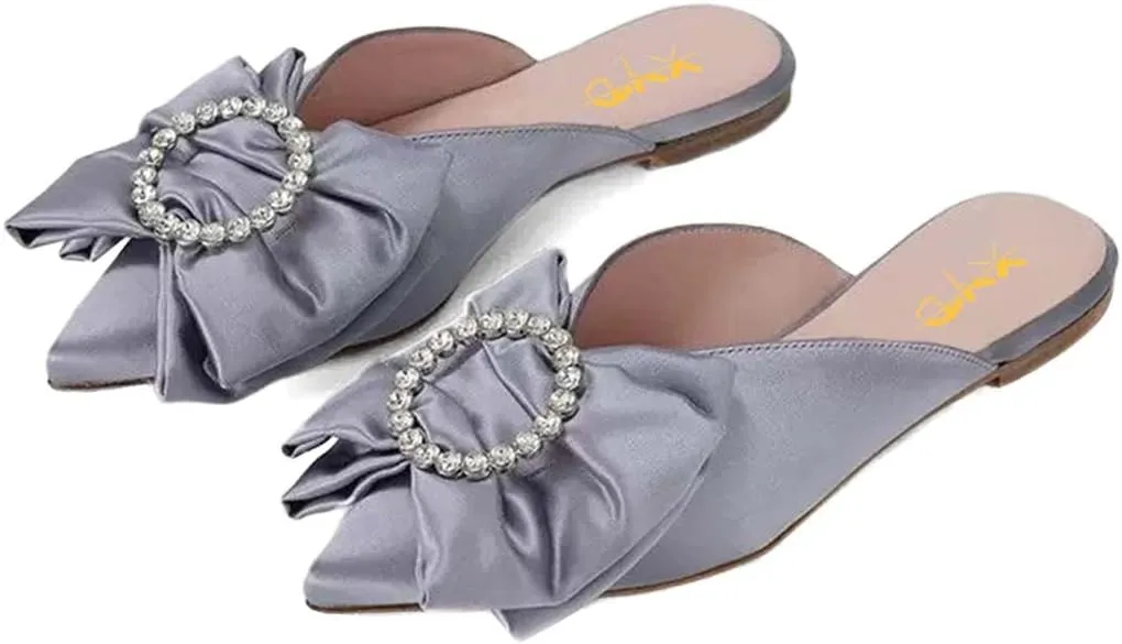 XYD Women Rhinestone Buckle Bowknot Closed Pointed Toe Mule Flats Easy Slip On Low Heel Sandals Satin Dress Evening Casual Shoes