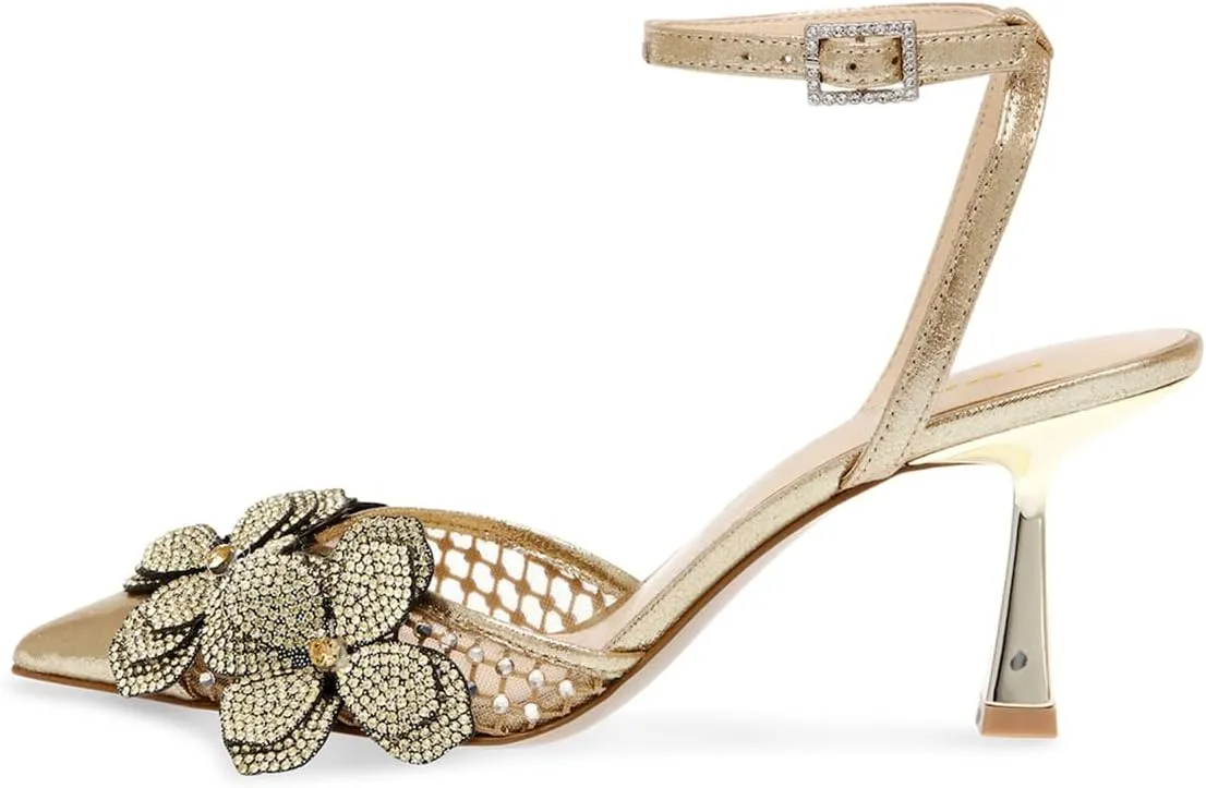 YDN Women Ankle Strap Pumps Pointed Toe Mesh Sandals Flower Kitten Mid Heels Studded Buckle Shoes Party Evening Prom Size 4-16 US