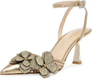 YDN Women Ankle Strap Pumps Pointed Toe Mesh Sandals Flower Kitten Mid Heels Studded Buckle Shoes Party Evening Prom Size 4-16 US