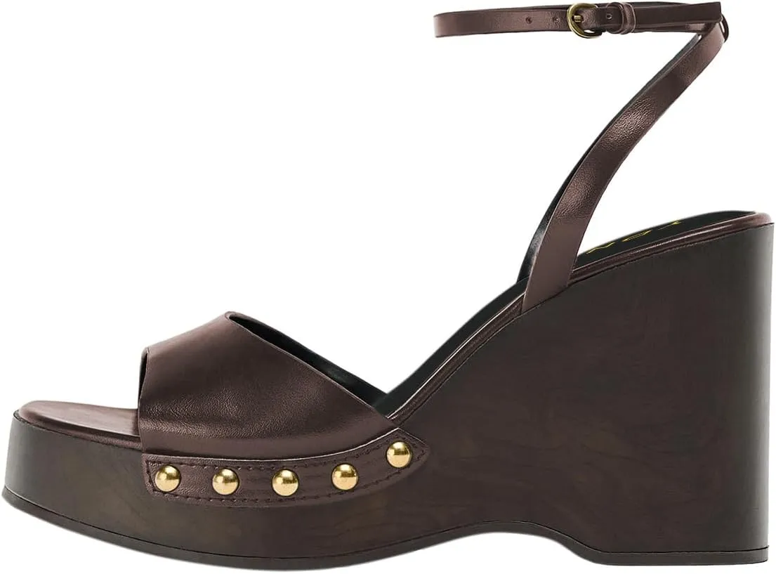 YDN Women Open Toe Platform Sandals with Rivets Studs Strap Buckles Wedges High Heels Summer Party Dress Shoes Size 4-16 US
