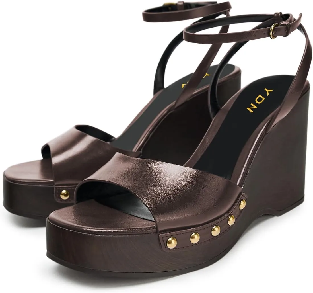 YDN Women Open Toe Platform Sandals with Rivets Studs Strap Buckles Wedges High Heels Summer Party Dress Shoes Size 4-16 US