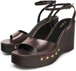 YDN Women Open Toe Platform Sandals with Rivets Studs Strap Buckles Wedges High Heels Summer Party Dress Shoes Size 4-16 US