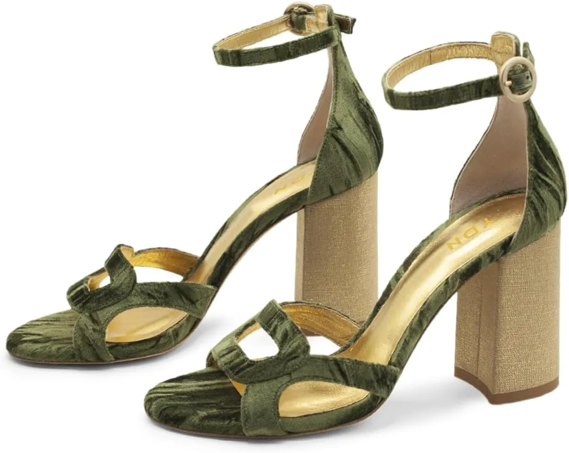 YDN Women's Chunky High Heel Soft Velvet Sandals Open Toe Buckled Strap Pumps Comfy Cocktail Dress Club Shoes Size 4-16 US
