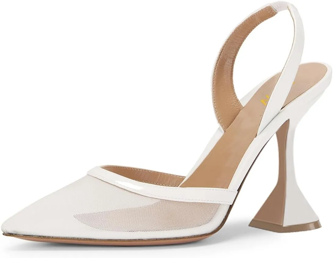 YDN Women's Mesh Pumps Sexy Pointy Toe High Block Heels Slingback Elastic Strap Sandals Elegant Dress Prom Party Dating Shoes Size 4-16 US
