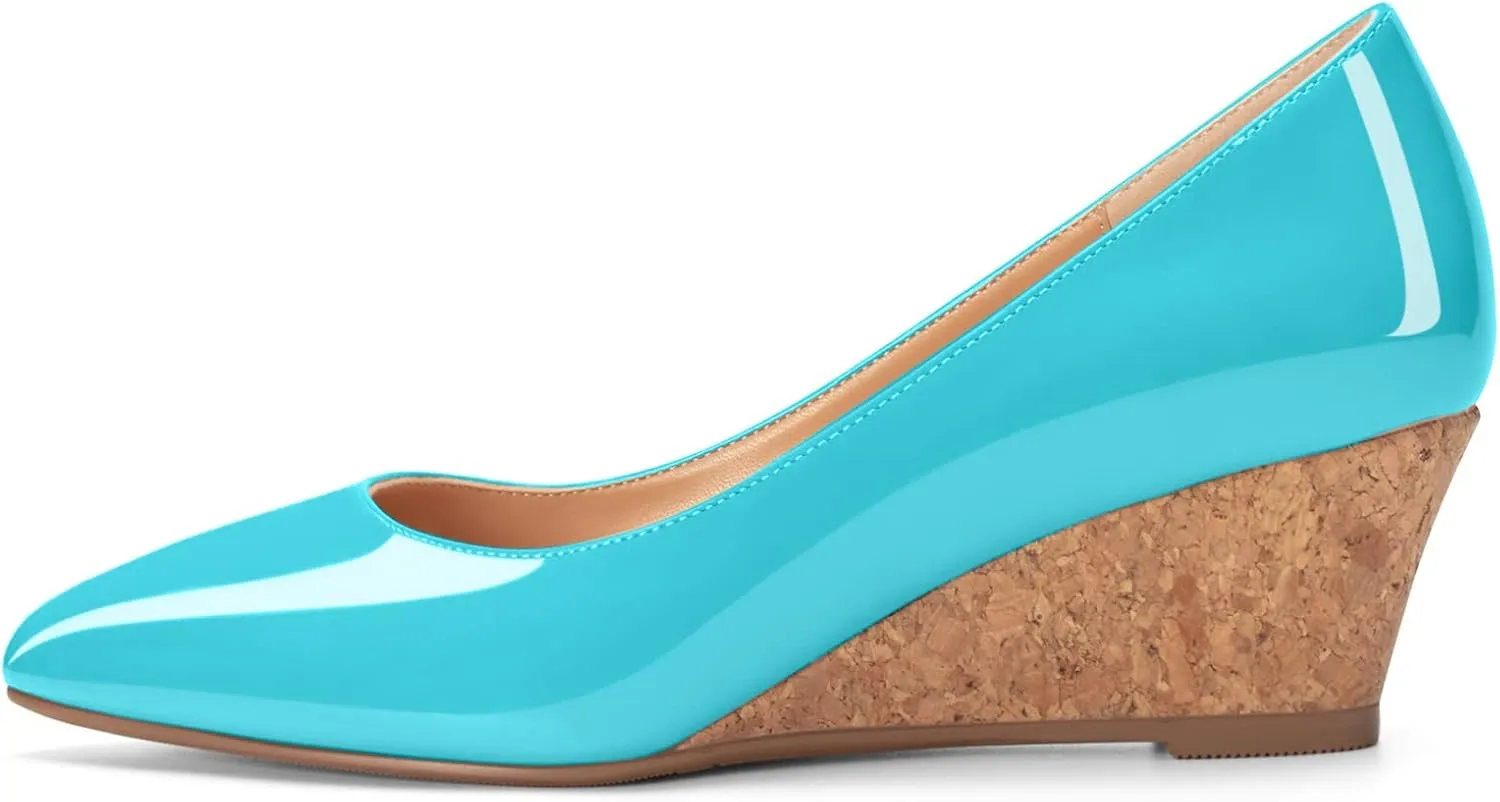 YODEKS Women's Low Wedge Heel Pumps Pointed Toe Cork Wedge Heel Slip On 2 Inch Solid Formal Closed Toe Dressy Shoes for Wedding Party Evening