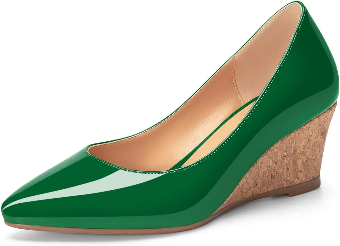 YODEKS Women's Low Wedge Heel Pumps Pointed Toe Cork Wedge Heel Slip On 2 Inch Solid Formal Closed Toe Dressy Shoes for Wedding Party Evening