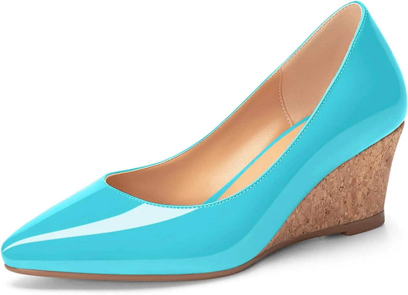 YODEKS Women's Low Wedge Heel Pumps Pointed Toe Cork Wedge Heel Slip On 2 Inch Solid Formal Closed Toe Dressy Shoes for Wedding Party Evening