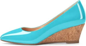 YODEKS Women's Low Wedge Heel Pumps Pointed Toe Cork Wedge Heel Slip On 2 Inch Solid Formal Closed Toe Dressy Shoes for Wedding Party Evening