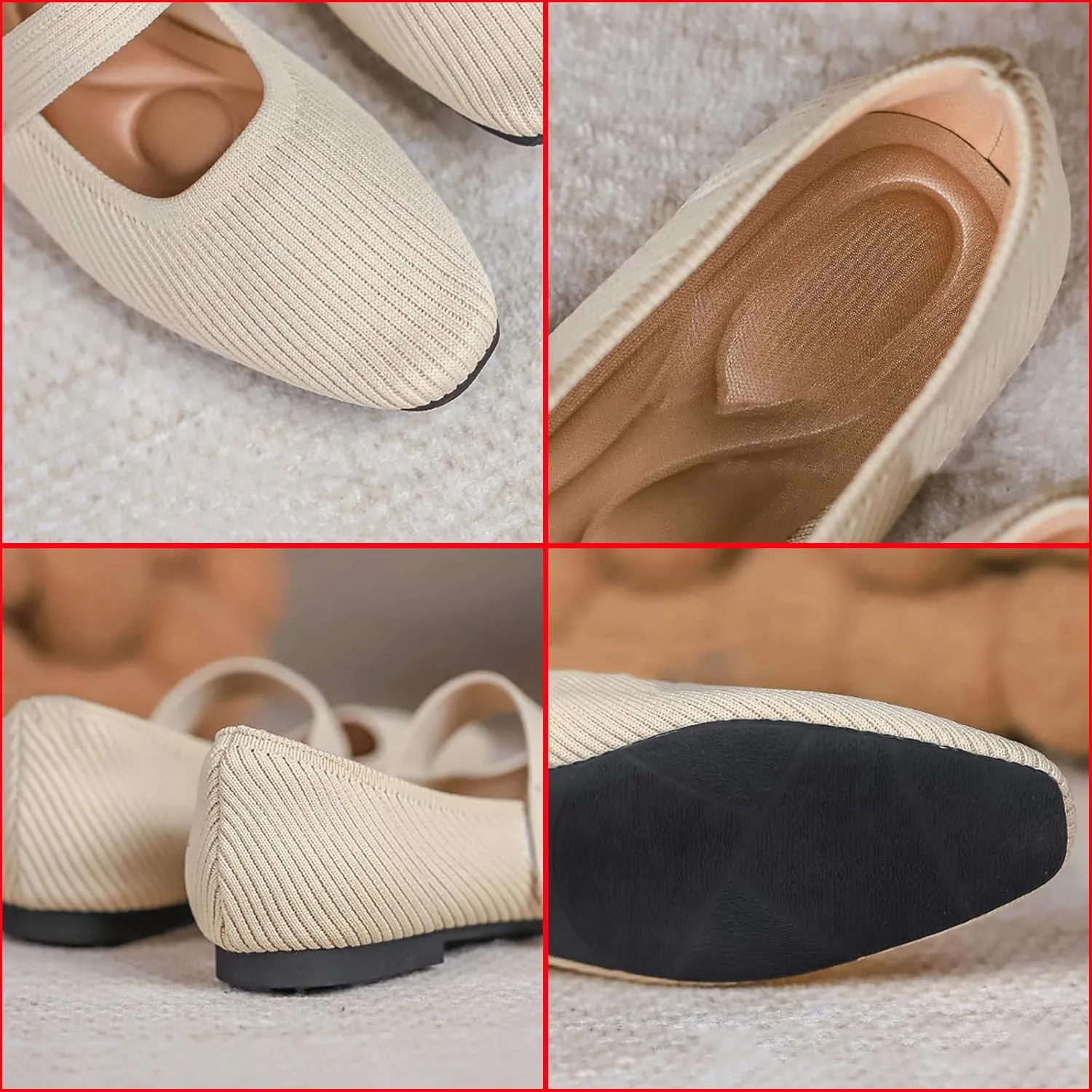 Zeberfi Women's Knit Mary Jane Flat Shoes with Hook and Loop Retro Closed Toe Shallow Mouth Slip On Flats Casual Comfortable Dressy Ballet Flats