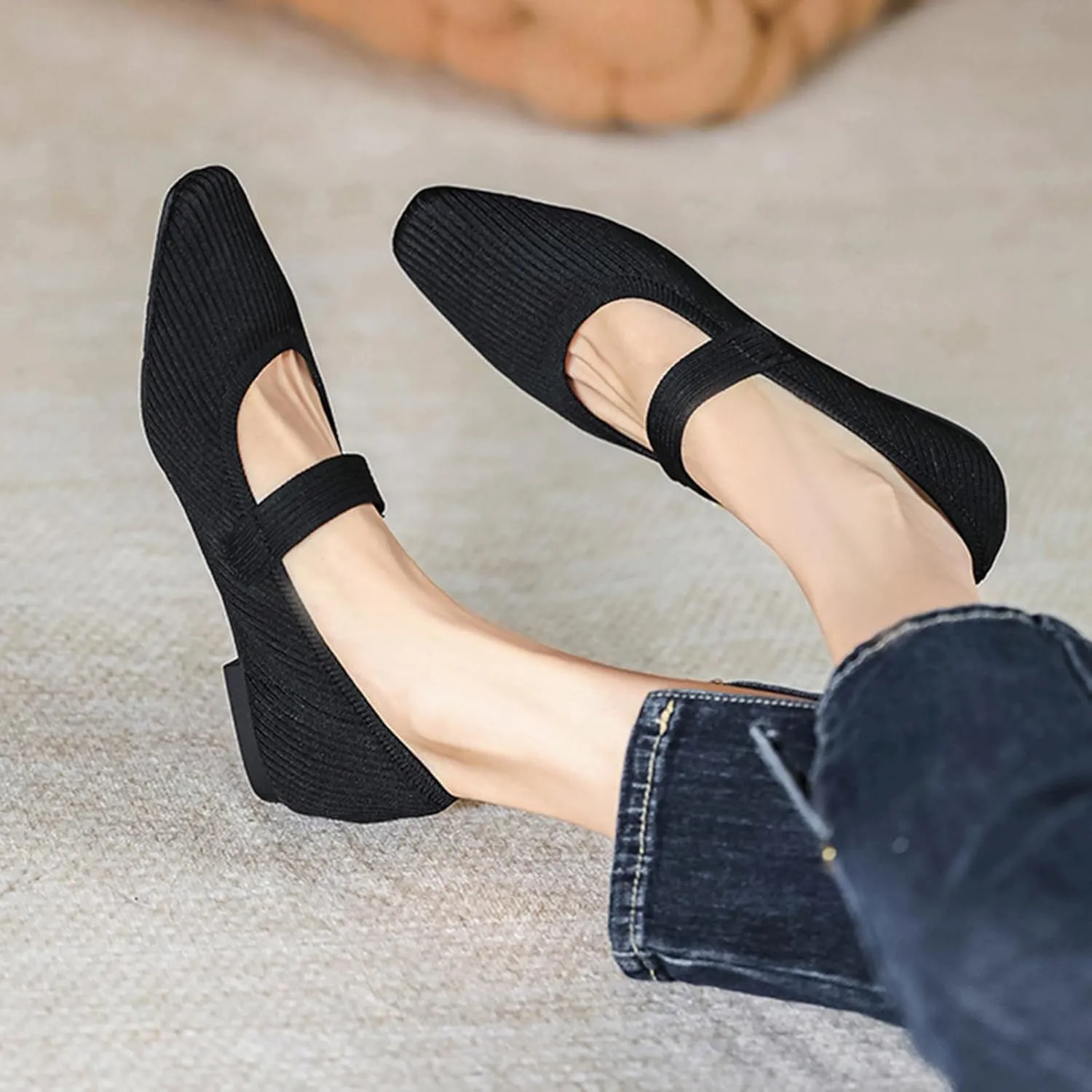 Zeberfi Women's Knit Mary Jane Flat Shoes with Hook and Loop Retro Closed Toe Shallow Mouth Slip On Flats Casual Comfortable Dressy Ballet Flats