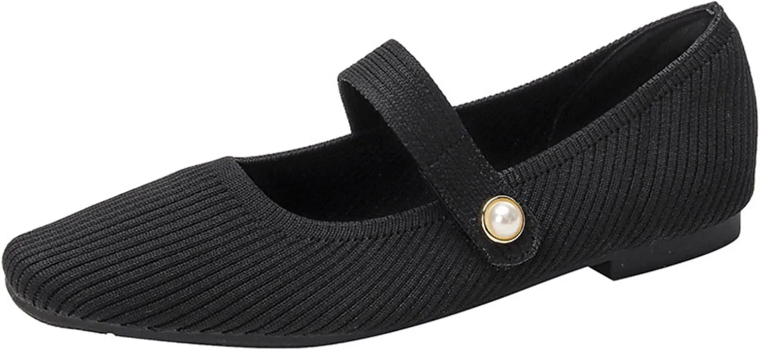 Zeberfi Women's Knit Mary Jane Flat Shoes with Hook and Loop Retro Closed Toe Shallow Mouth Slip On Flats Casual Comfortable Dressy Ballet Flats