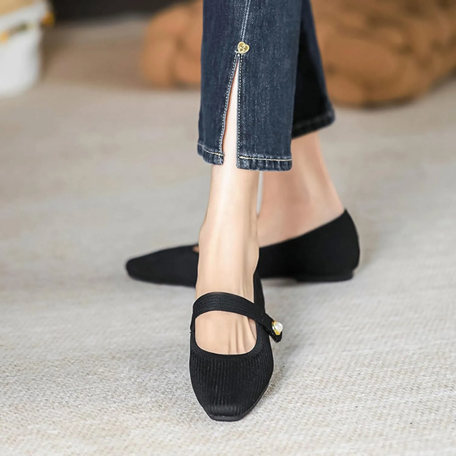 Zeberfi Women's Knit Mary Jane Flat Shoes with Hook and Loop Retro Closed Toe Shallow Mouth Slip On Flats Casual Comfortable Dressy Ballet Flats