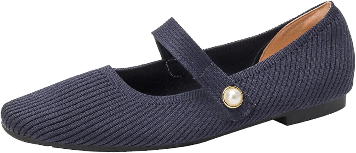 Zeberfi Women's Knit Mary Jane Flat Shoes with Hook and Loop Retro Closed Toe Shallow Mouth Slip On Flats Casual Comfortable Dressy Ballet Flats