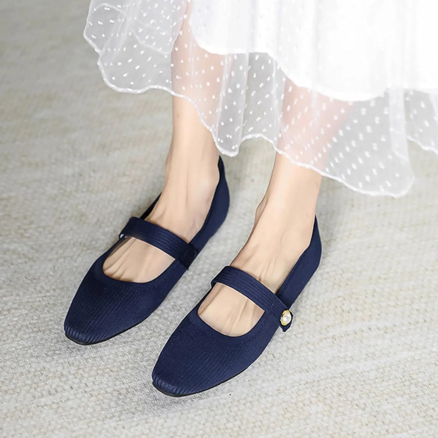 Zeberfi Women's Knit Mary Jane Flat Shoes with Hook and Loop Retro Closed Toe Shallow Mouth Slip On Flats Casual Comfortable Dressy Ballet Flats