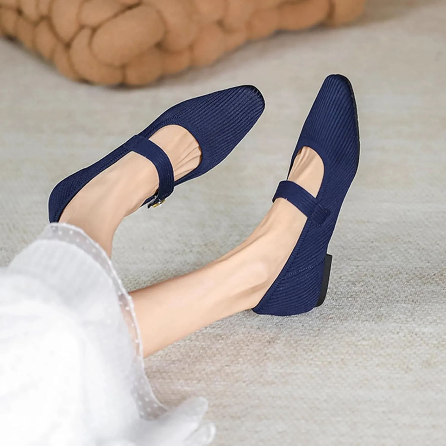Zeberfi Women's Knit Mary Jane Flat Shoes with Hook and Loop Retro Closed Toe Shallow Mouth Slip On Flats Casual Comfortable Dressy Ballet Flats