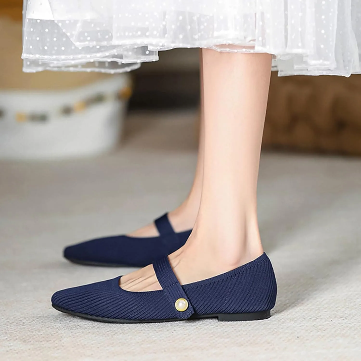 Zeberfi Women's Knit Mary Jane Flat Shoes with Hook and Loop Retro Closed Toe Shallow Mouth Slip On Flats Casual Comfortable Dressy Ballet Flats