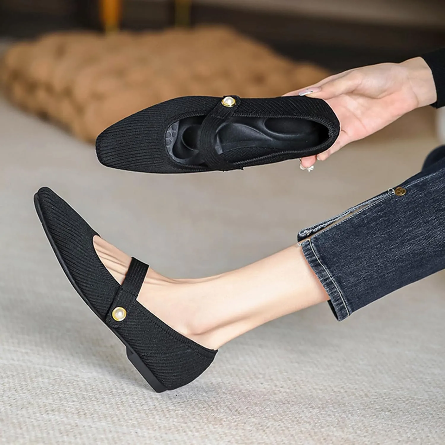 Zeberfi Women's Knit Mary Jane Flat Shoes with Hook and Loop Retro Closed Toe Shallow Mouth Slip On Flats Casual Comfortable Dressy Ballet Flats