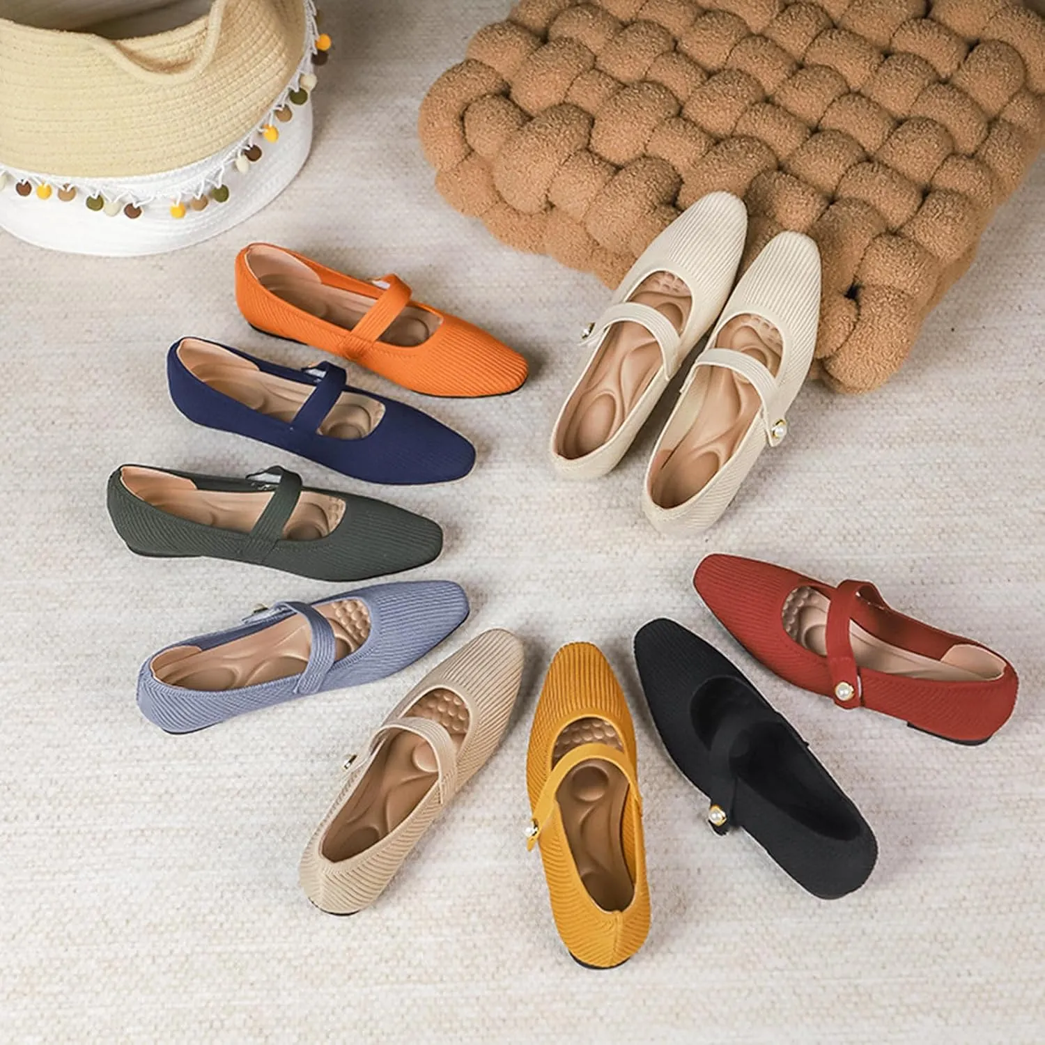 Zeberfi Women's Knit Mary Jane Flat Shoes with Hook and Loop Retro Closed Toe Shallow Mouth Slip On Flats Casual Comfortable Dressy Ballet Flats