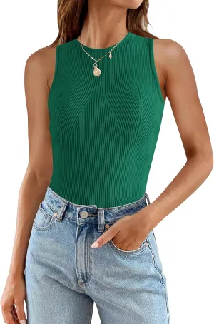 ZESICA Womens 2025 Ribbed Tank Tops Summer Sleeveless High Neck Casual Slim Fitted Basic Knit Shirts