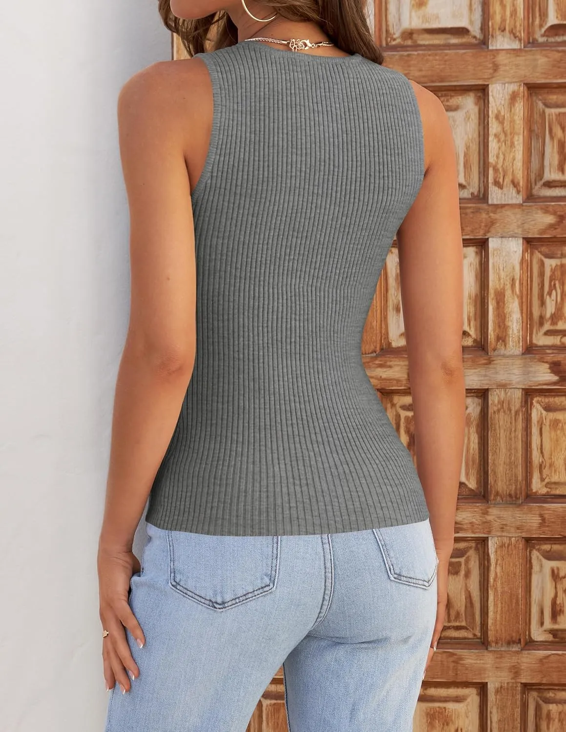 ZESICA Womens 2025 Ribbed Tank Tops Summer Sleeveless High Neck Casual Slim Fitted Basic Knit Shirts