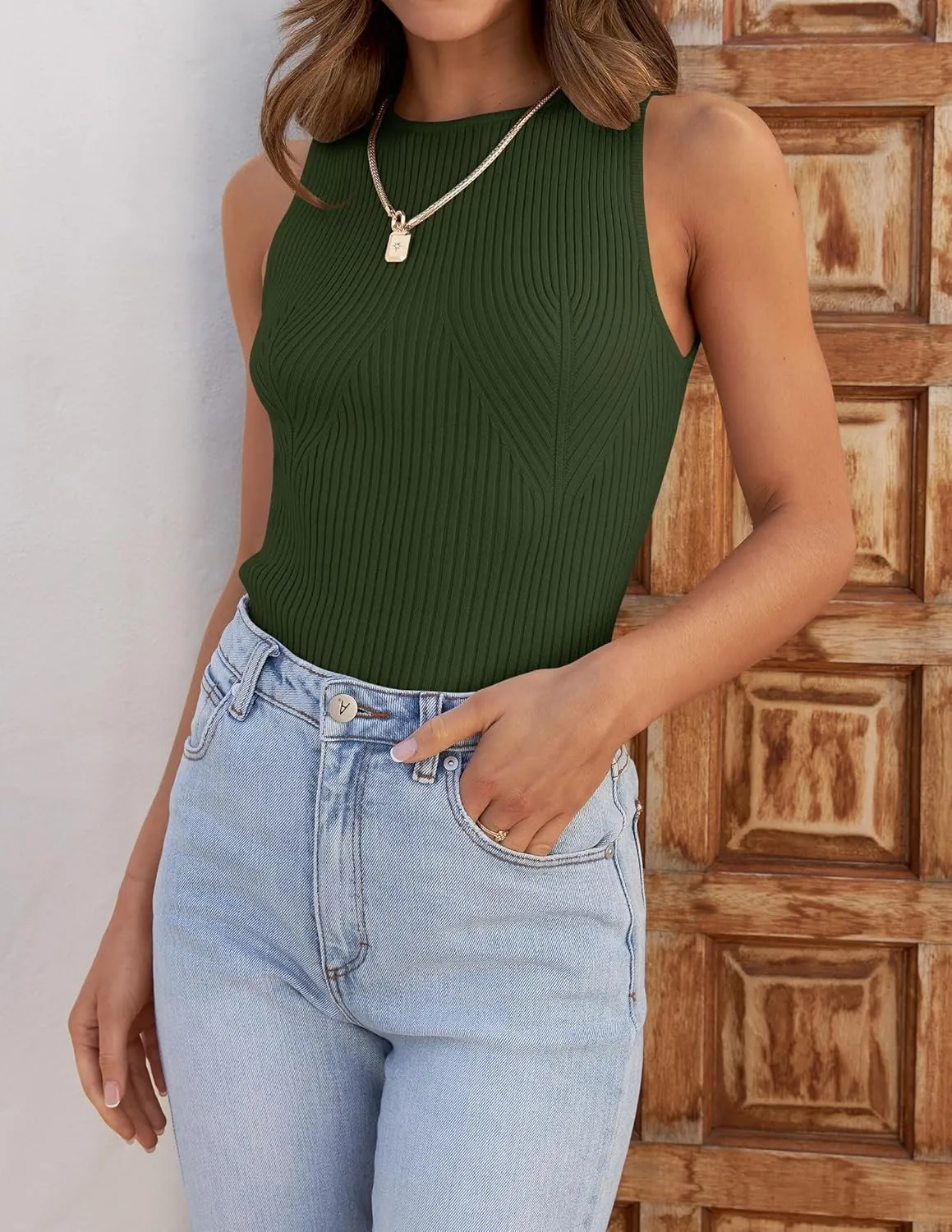 ZESICA Womens 2025 Ribbed Tank Tops Summer Sleeveless High Neck Casual Slim Fitted Basic Knit Shirts