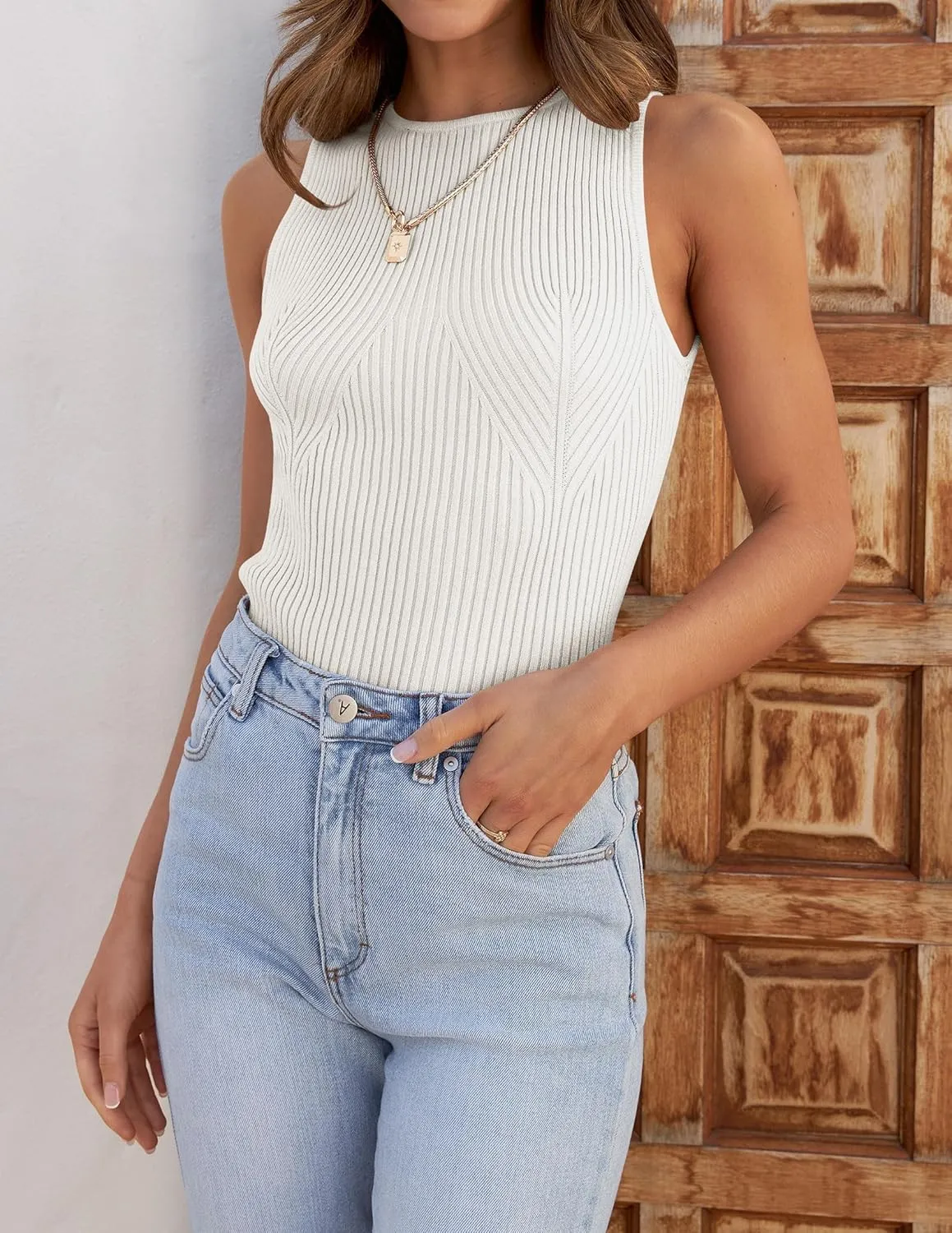 ZESICA Womens 2025 Ribbed Tank Tops Summer Sleeveless High Neck Casual Slim Fitted Basic Knit Shirts