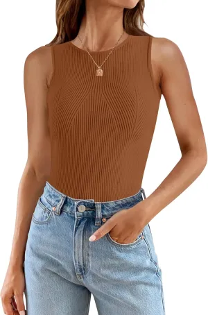ZESICA Womens 2025 Ribbed Tank Tops Summer Sleeveless High Neck Casual Slim Fitted Basic Knit Shirts