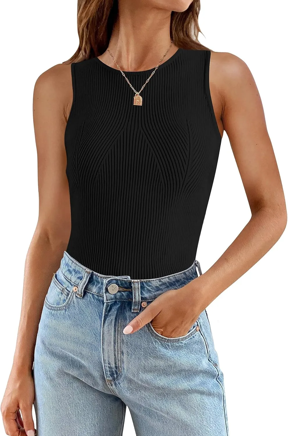 ZESICA Womens 2025 Ribbed Tank Tops Summer Sleeveless High Neck Casual Slim Fitted Basic Knit Shirts