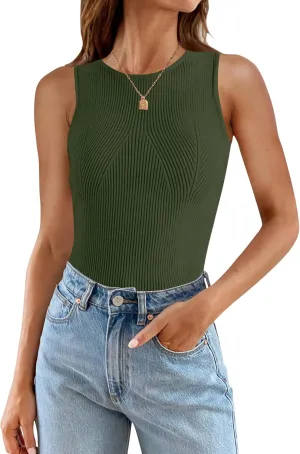 ZESICA Womens 2025 Ribbed Tank Tops Summer Sleeveless High Neck Casual Slim Fitted Basic Knit Shirts