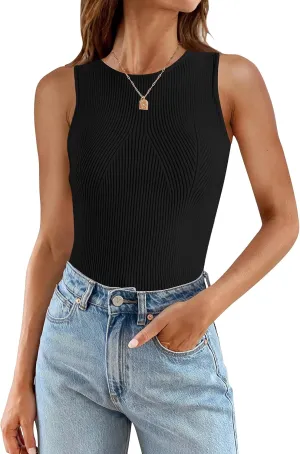 ZESICA Womens 2025 Ribbed Tank Tops Summer Sleeveless High Neck Casual Slim Fitted Basic Knit Shirts