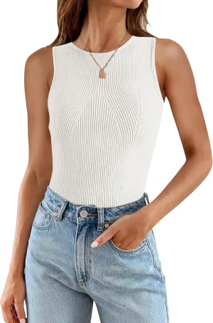 ZESICA Womens 2025 Ribbed Tank Tops Summer Sleeveless High Neck Casual Slim Fitted Basic Knit Shirts