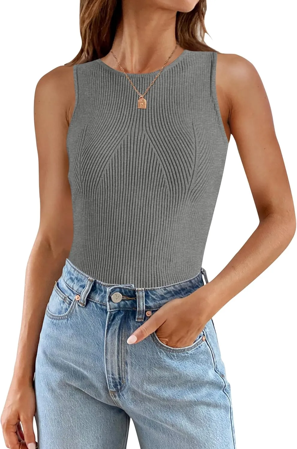 ZESICA Womens 2025 Ribbed Tank Tops Summer Sleeveless High Neck Casual Slim Fitted Basic Knit Shirts