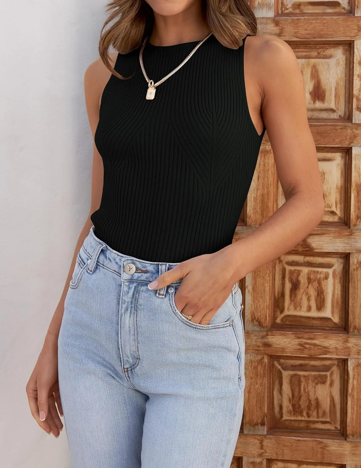 ZESICA Womens 2025 Ribbed Tank Tops Summer Sleeveless High Neck Casual Slim Fitted Basic Knit Shirts