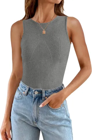 ZESICA Womens 2025 Ribbed Tank Tops Summer Sleeveless High Neck Casual Slim Fitted Basic Knit Shirts