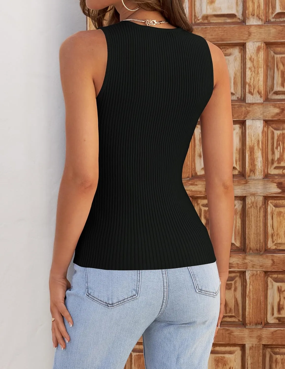 ZESICA Womens 2025 Ribbed Tank Tops Summer Sleeveless High Neck Casual Slim Fitted Basic Knit Shirts